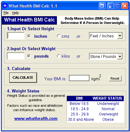 Screenshot view of What Health BMI Calc for Windows